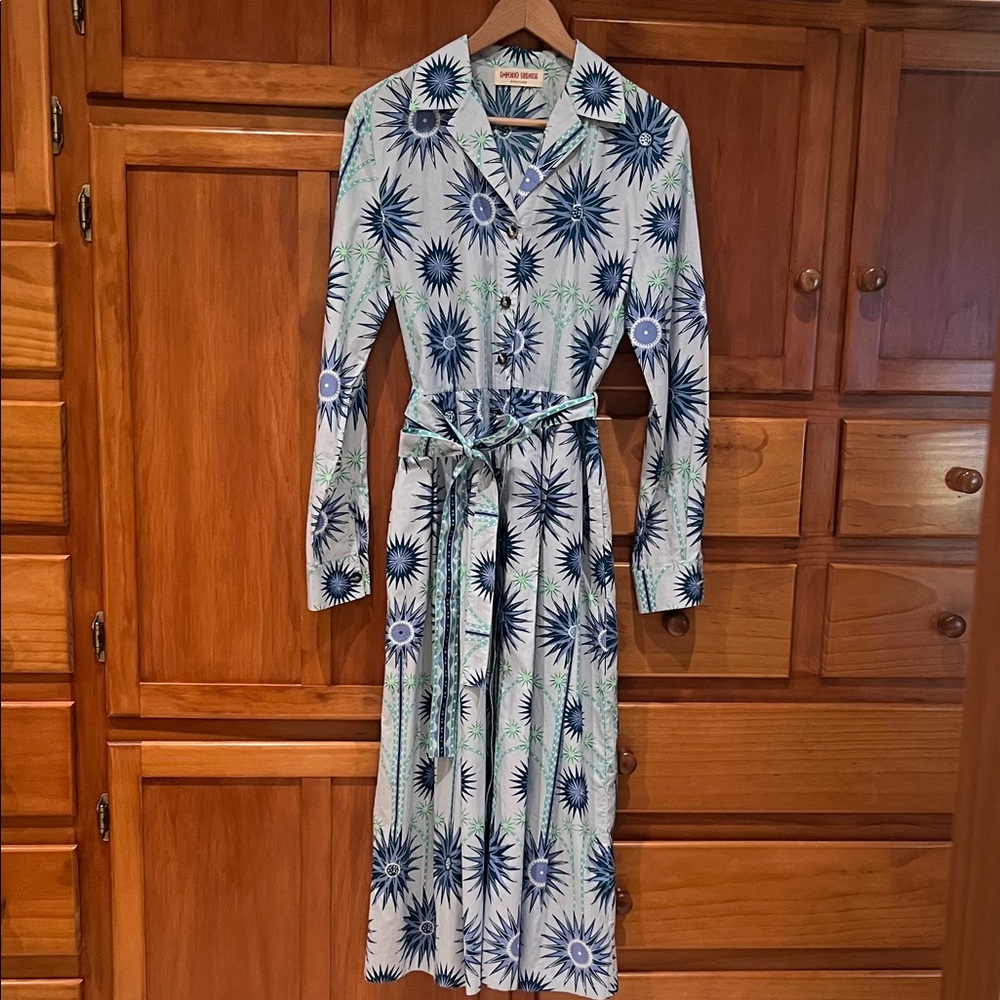 Emporio Sirenuse Blue and Green Cotton Starburst Print Long Sleeve Shirt Dress